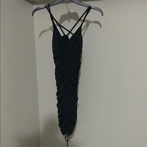 Garage Black Sparkle Ruched Midi Dress with Crisscross Straps